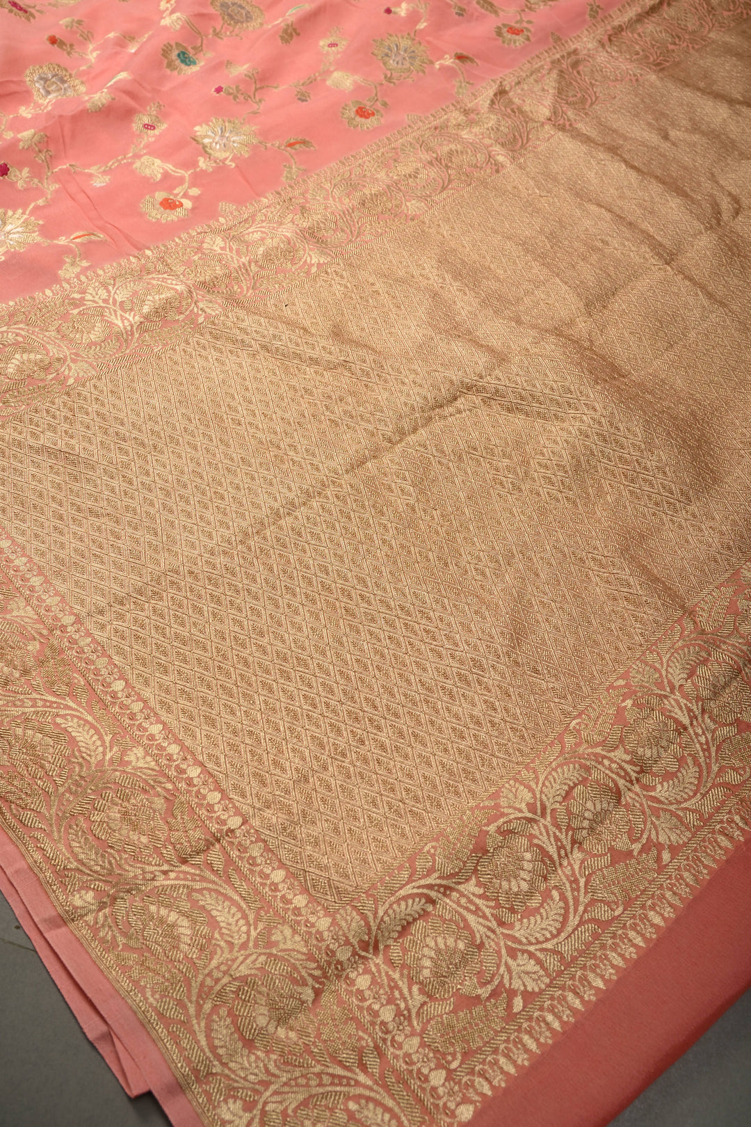Salmon Pink Banarasi Silk Georgette Saree with Meenakari Floral Brocade Jaal and Zari Border | SILK MARK CERTIFIED | SHOBITAM