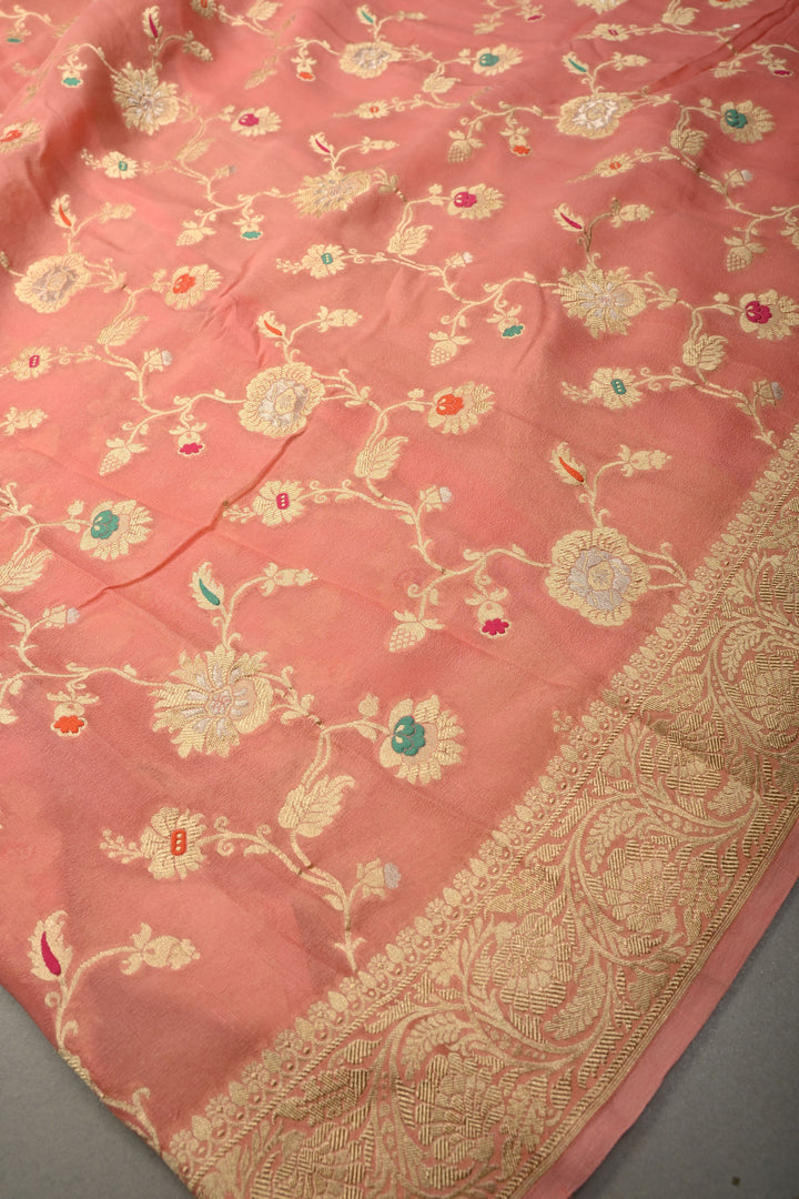 Salmon Pink Banarasi Silk Georgette Saree with Meenakari Floral Brocade Jaal and Zari Border | SILK MARK CERTIFIED | SHOBITAM