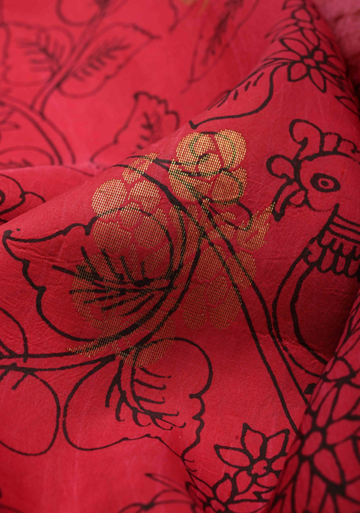 Raspberry Kalamkari Floral Jaal on Semi Silk Saree with Zari Buttas and Zari Border | SHOBITAM
