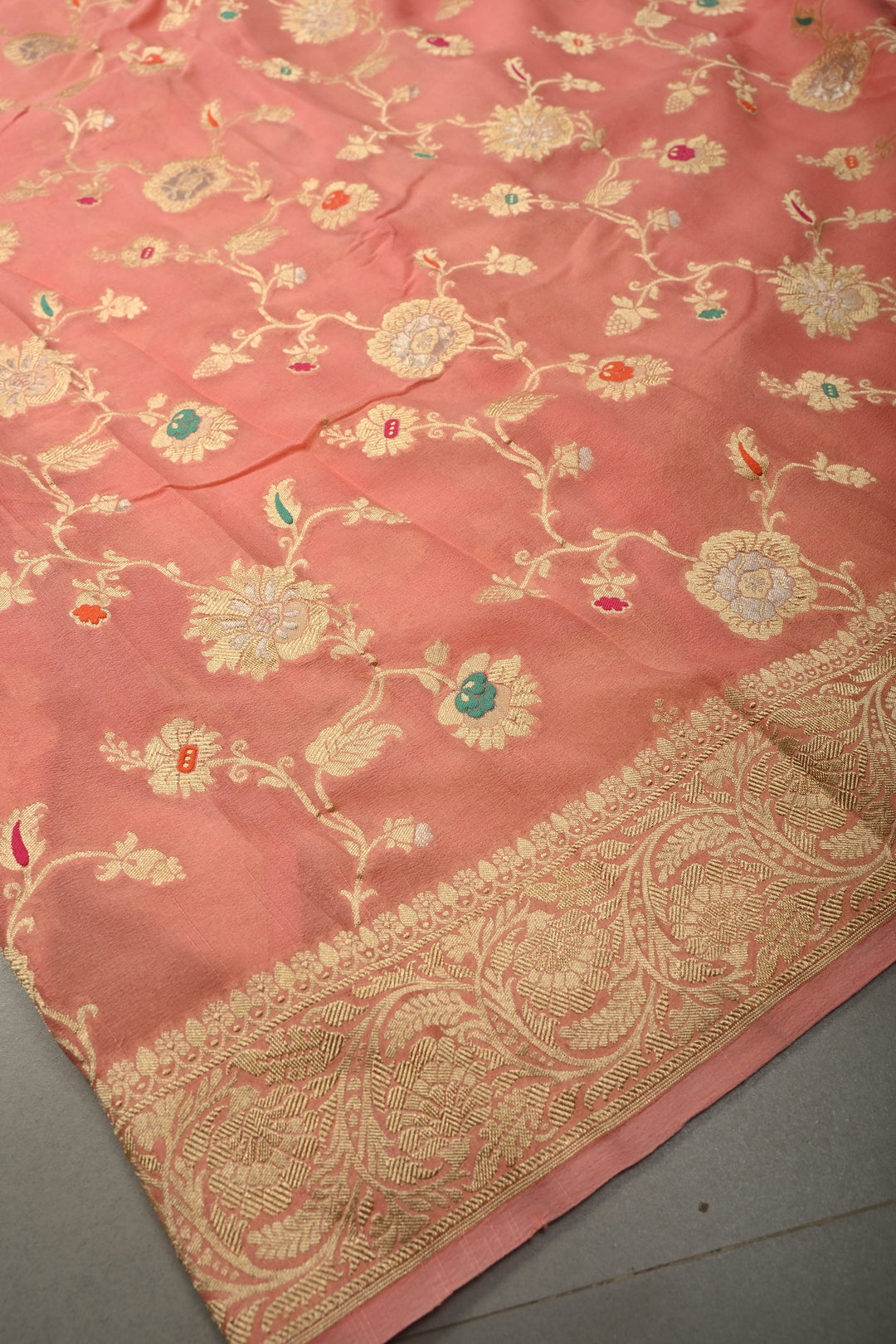 Salmon Pink Banarasi Silk Georgette Saree with Meenakari Floral Brocade Jaal and Zari Border | SILK MARK CERTIFIED | SHOBITAM