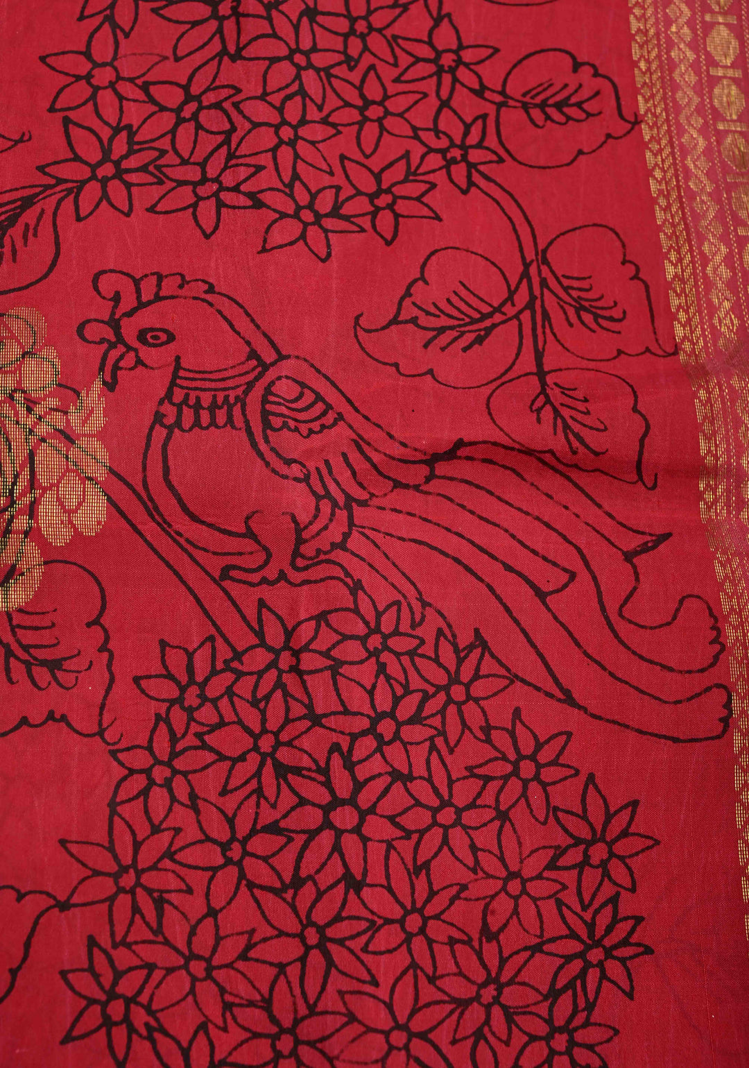 Raspberry Kalamkari Floral Jaal on Semi Silk Saree with Zari Buttas and Zari Border | SHOBITAM