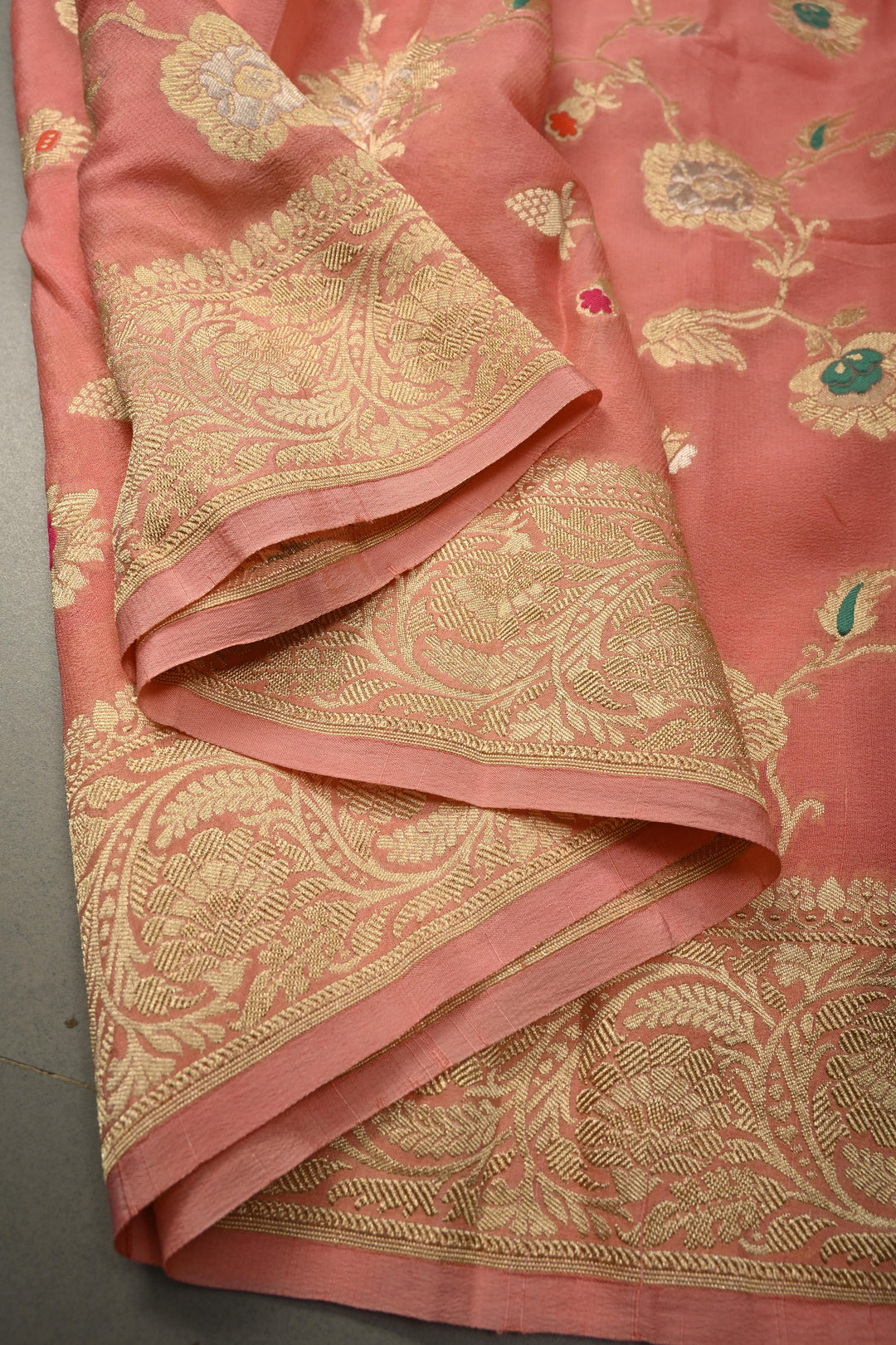 Salmon Pink Banarasi Silk Georgette Saree with Meenakari Floral Brocade Jaal and Zari Border | SILK MARK CERTIFIED | SHOBITAM