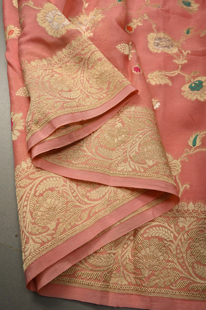 Salmon Pink Banarasi Silk Georgette Saree with Meenakari Floral Brocade Jaal and Zari Border | SILK MARK CERTIFIED | SHOBITAM