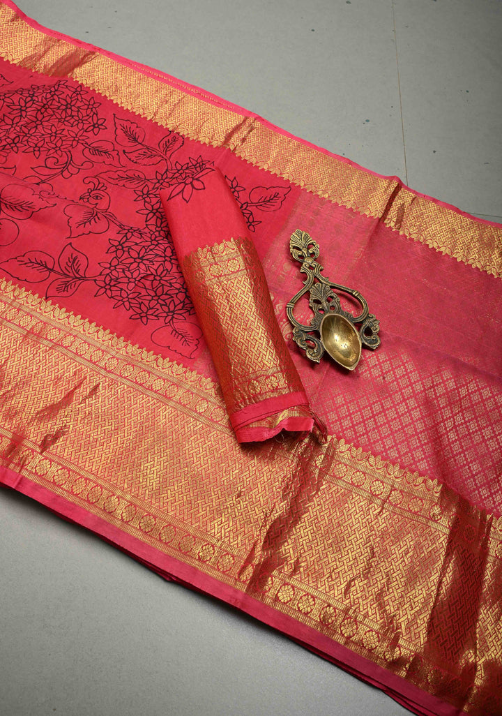 Raspberry Kalamkari Floral Jaal on Semi Silk Saree with Zari Buttas and Zari Border | SHOBITAM