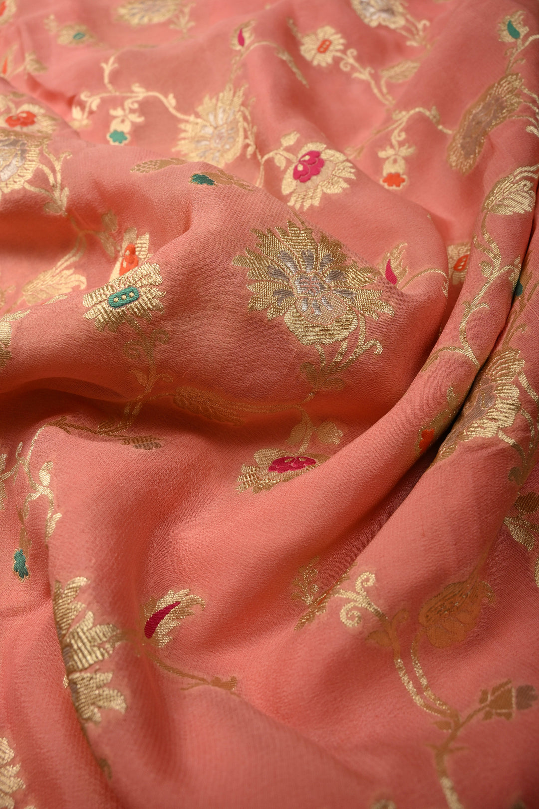 Salmon Pink Banarasi Silk Georgette Saree with Meenakari Floral Brocade Jaal and Zari Border | SILK MARK CERTIFIED | SHOBITAM