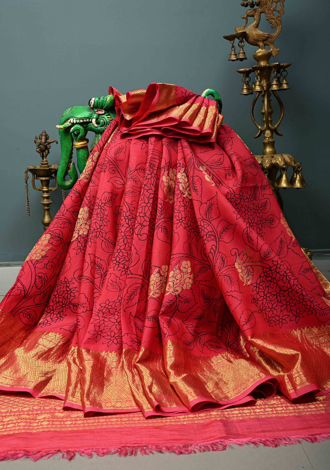 Raspberry Kalamkari Floral Jaal on Semi Silk Saree with Zari Buttas and Zari Border | SHOBITAM