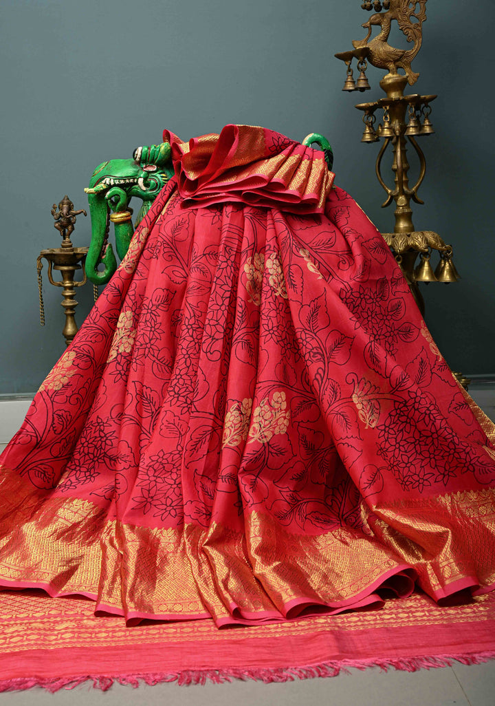 Raspberry Kalamkari Floral Jaal on Semi Silk Saree with Zari Buttas and Zari Border | SHOBITAM