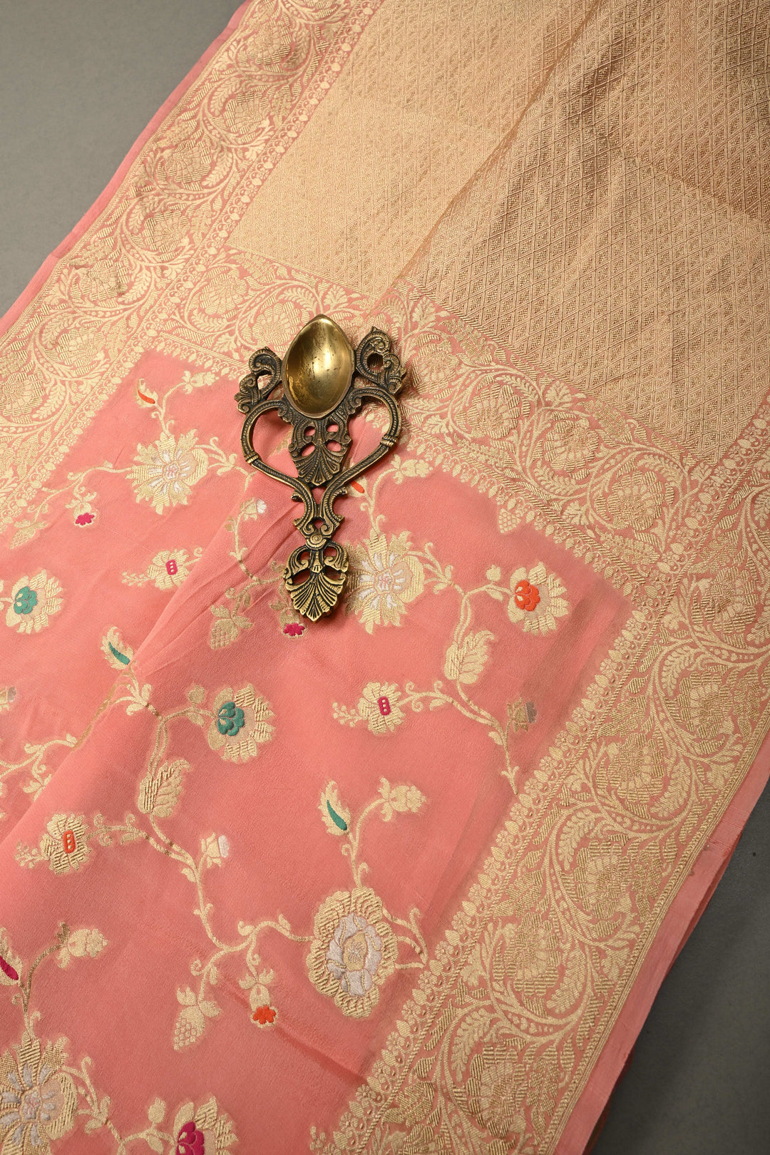 Salmon Pink Banarasi Silk Georgette Saree with Meenakari Floral Brocade Jaal and Zari Border | SILK MARK CERTIFIED | SHOBITAM