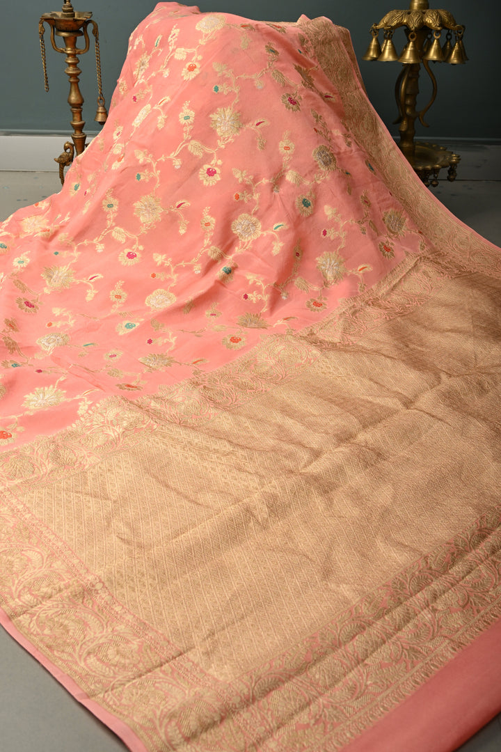 Salmon Pink Banarasi Silk Georgette Saree with Meenakari Floral Brocade Jaal and Zari Border | SILK MARK CERTIFIED | SHOBITAM