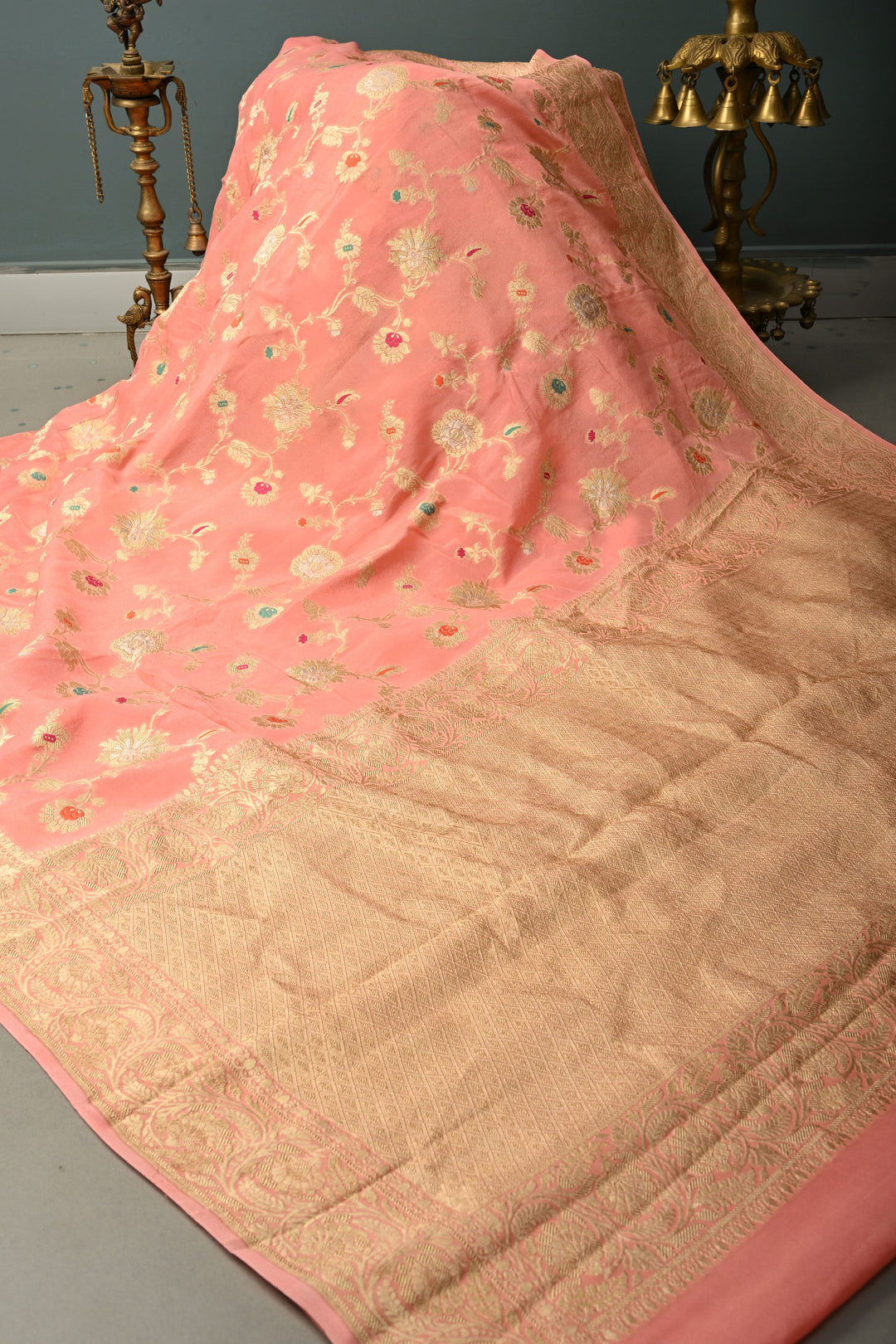 Salmon Pink Banarasi Silk Georgette Saree with Meenakari Floral Brocade Jaal and Zari Border | SILK MARK CERTIFIED | SHOBITAM