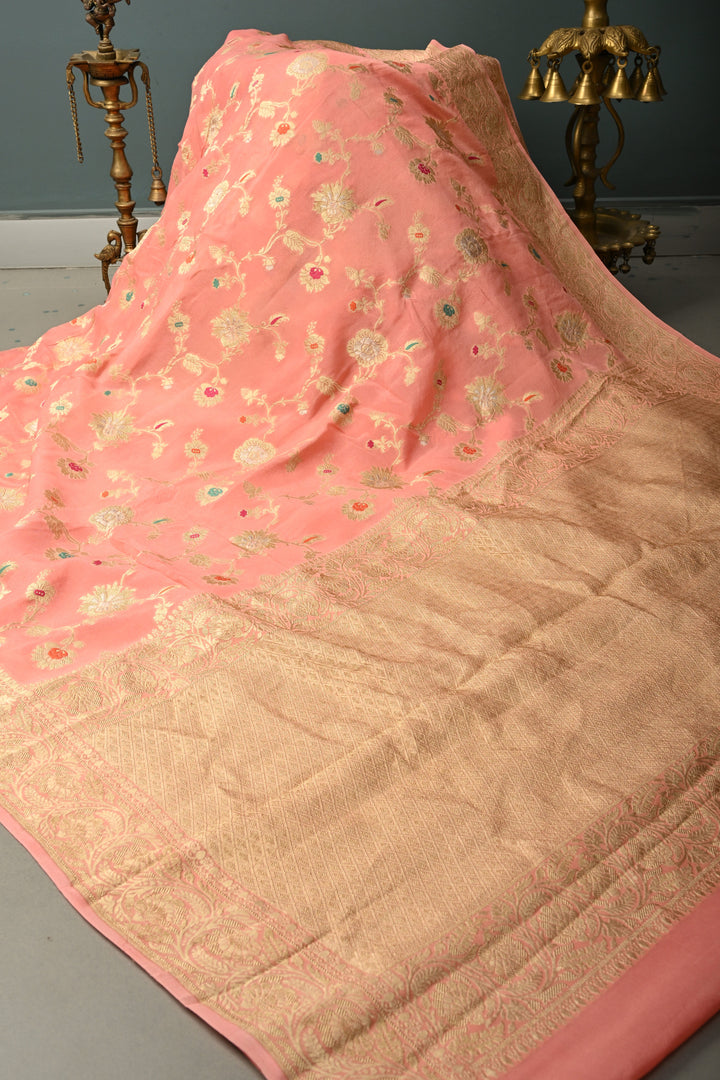 Salmon Pink Banarasi Silk Georgette Saree with Meenakari Floral Brocade Jaal and Zari Border | SILK MARK CERTIFIED | SHOBITAM