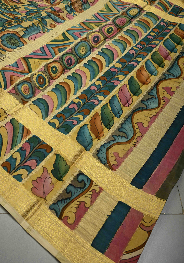 Floral Theme : Authentic Pen Kalamkari Handpainted on Mysore Silk Saree with Rettaipet Zari Border | SILK MARK CERTIFIED | SHOBITAM
