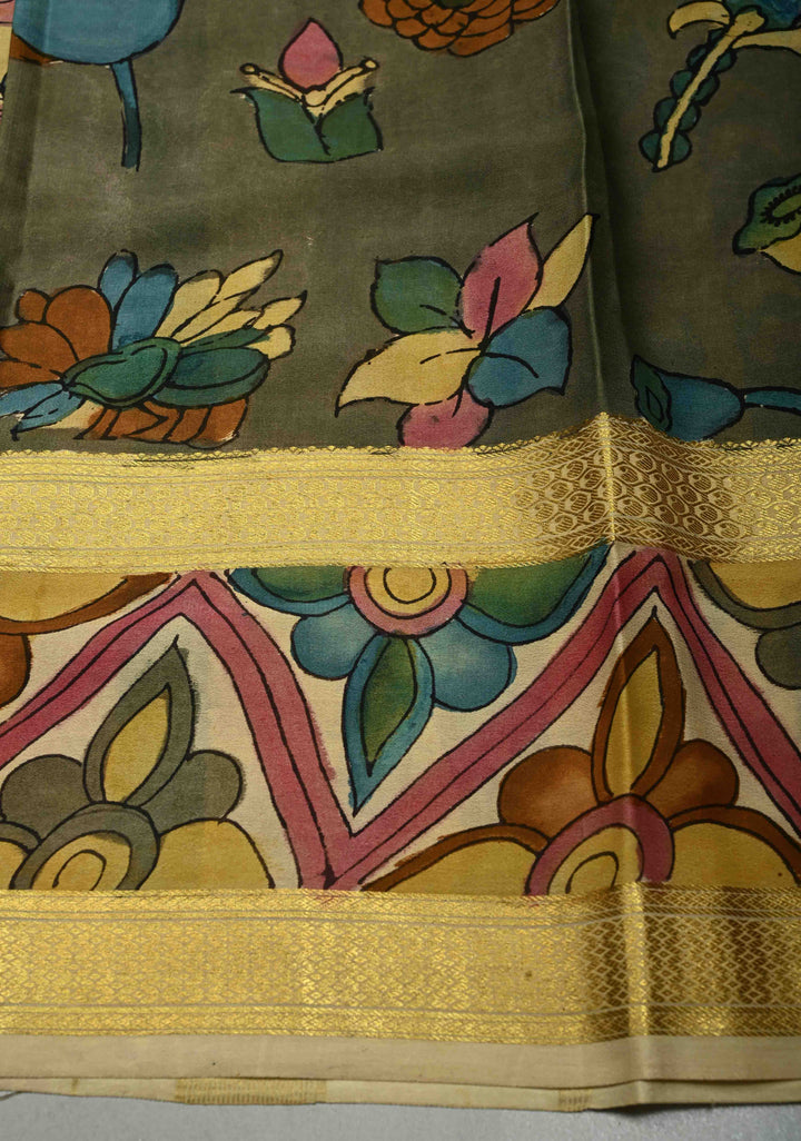 Floral Theme : Authentic Pen Kalamkari Handpainted on Mysore Silk Saree with Rettaipet Zari Border | SILK MARK CERTIFIED | SHOBITAM
