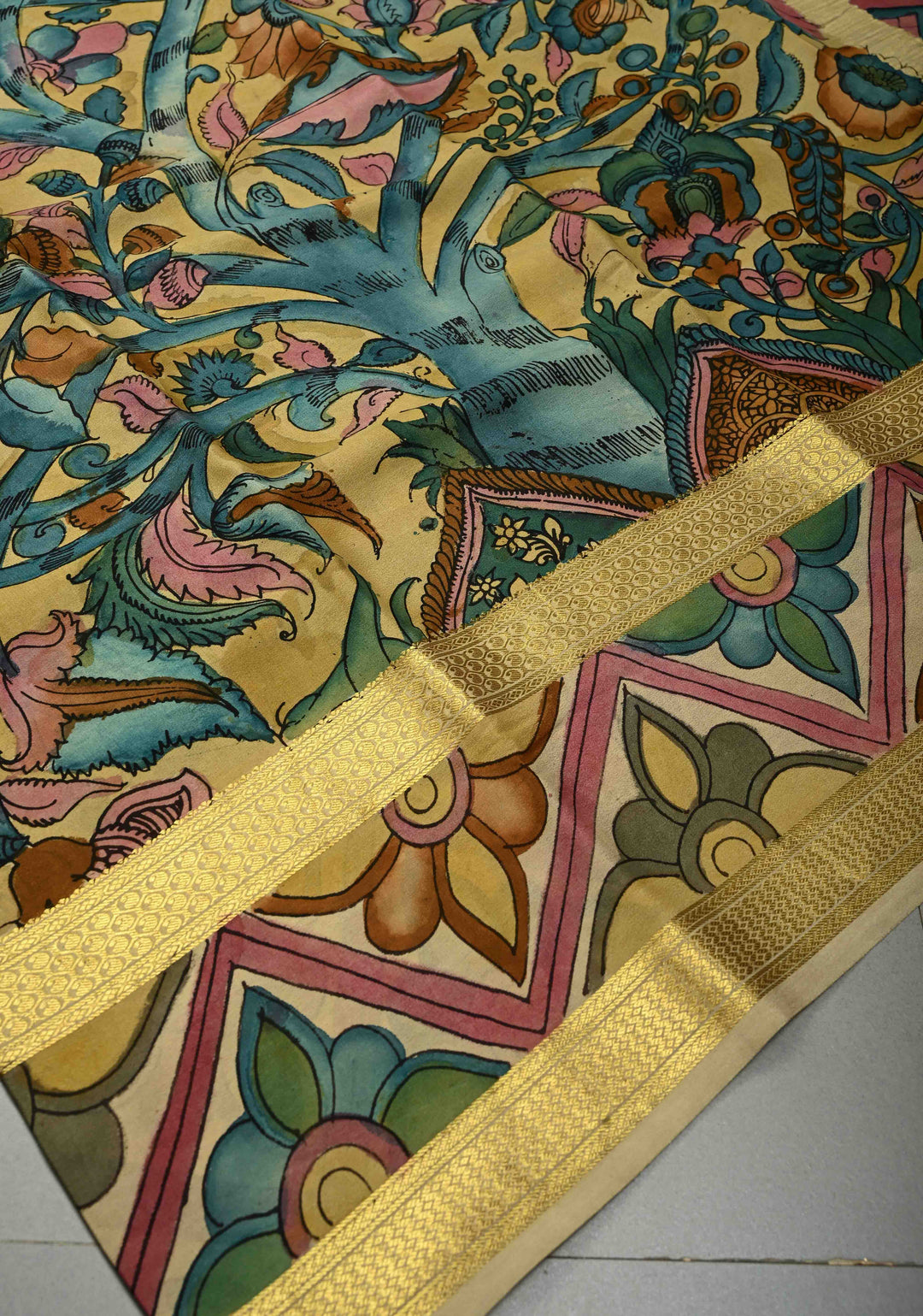 Floral Theme : Authentic Pen Kalamkari Handpainted on Mysore Silk Saree with Rettaipet Zari Border | SILK MARK CERTIFIED | SHOBITAM