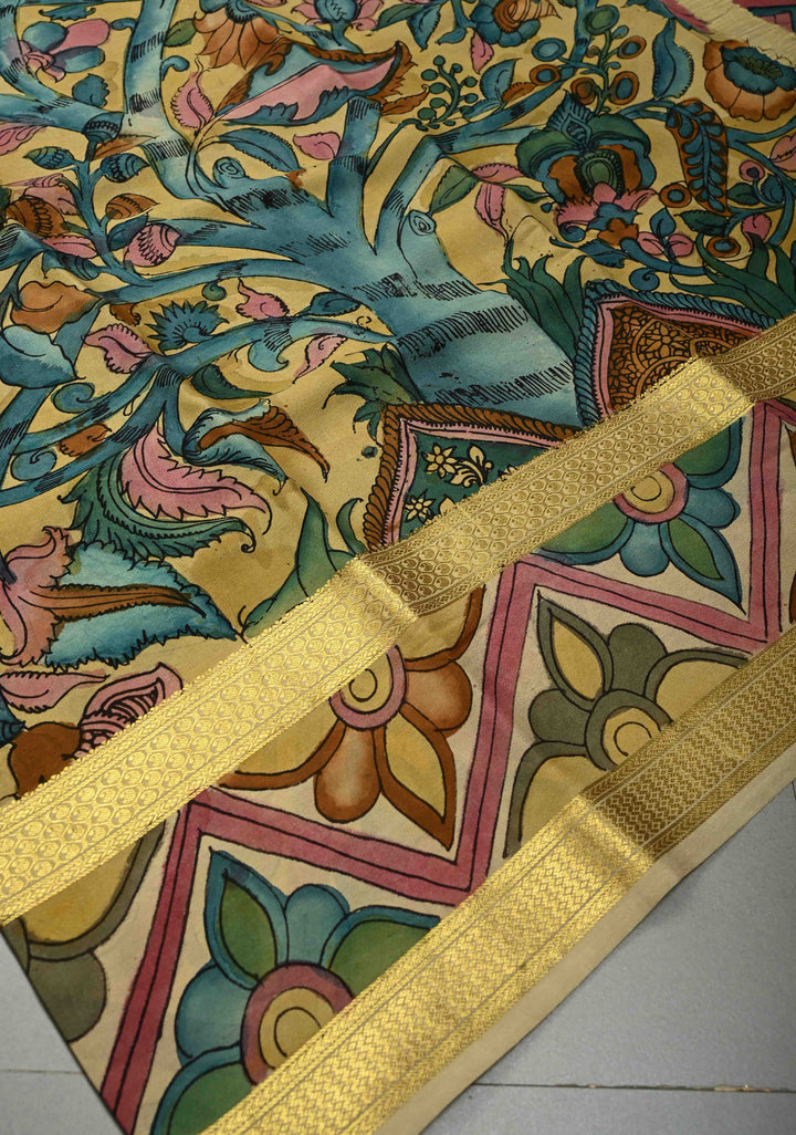 Floral Theme : Authentic Pen Kalamkari Handpainted on Mysore Silk Saree with Rettaipet Zari Border | SILK MARK CERTIFIED | SHOBITAM