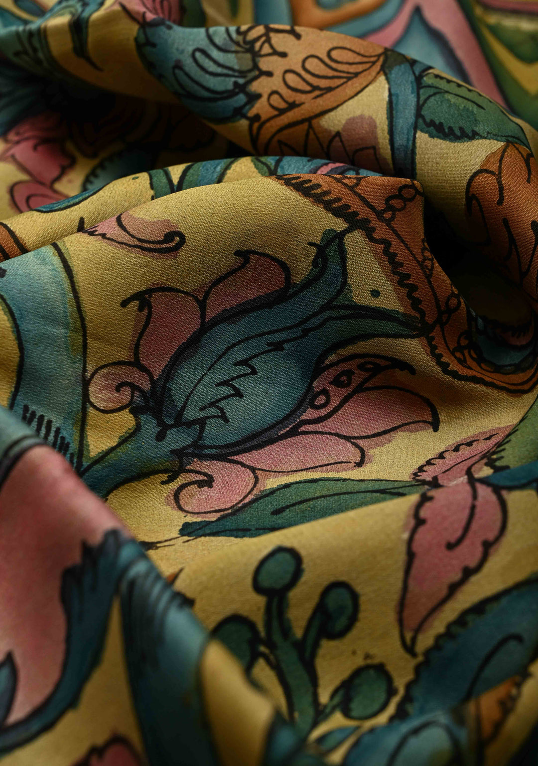 Floral Theme : Authentic Pen Kalamkari Handpainted on Mysore Silk Saree with Rettaipet Zari Border | SILK MARK CERTIFIED | SHOBITAM