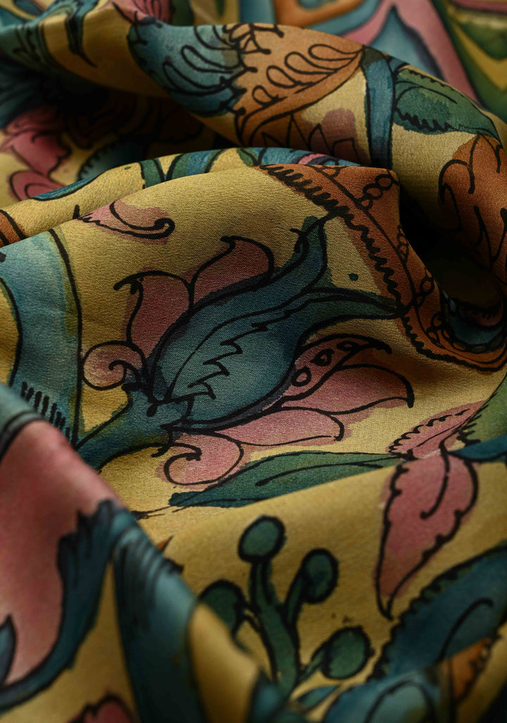 Floral Theme : Authentic Pen Kalamkari Handpainted on Mysore Silk Saree with Rettaipet Zari Border | SILK MARK CERTIFIED | SHOBITAM