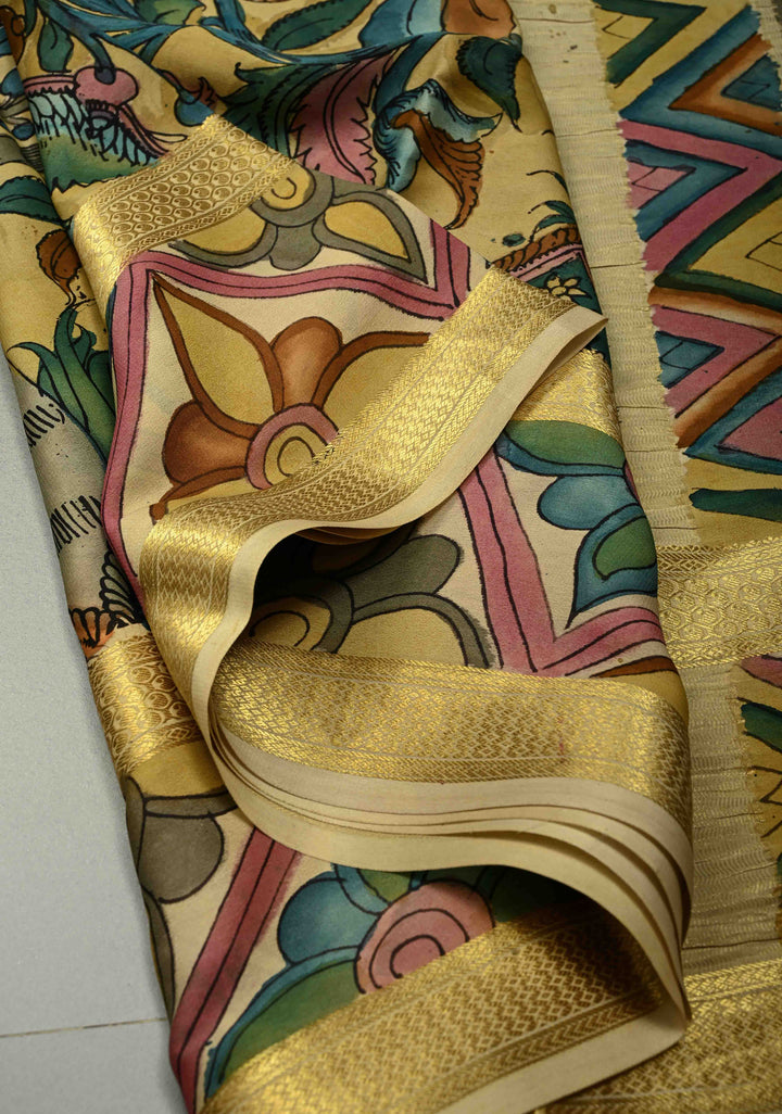 Floral Theme : Authentic Pen Kalamkari Handpainted on Mysore Silk Saree with Rettaipet Zari Border | SILK MARK CERTIFIED | SHOBITAM