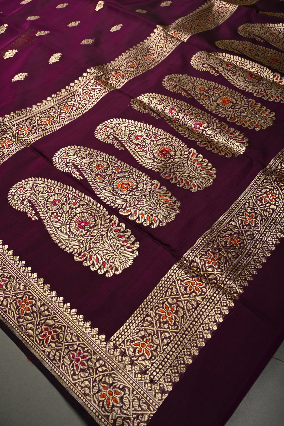 Plum Banarasi Kora Silk Saree with Floral Zari Buttas and Meenakari Zari Border| SILK MARK CERTIFIED | SHOBITAM