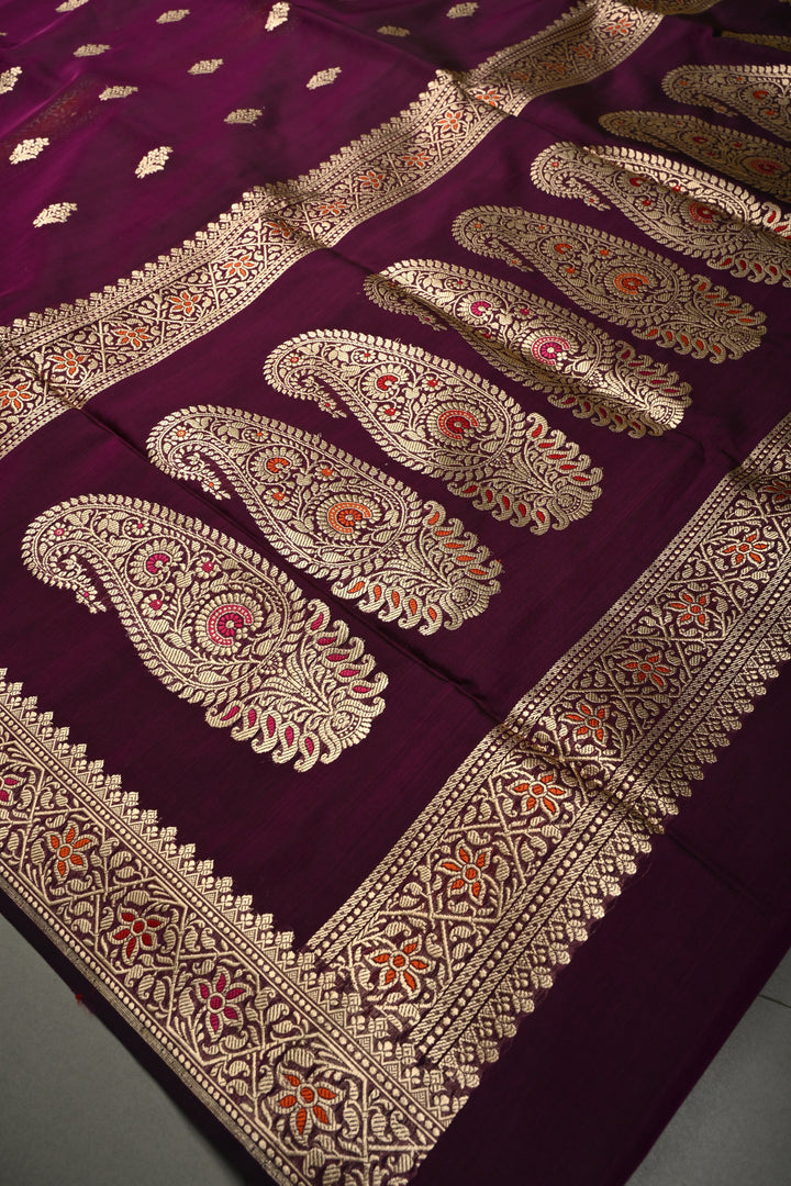 Plum Banarasi Kora Silk Saree with Floral Zari Buttas and Meenakari Zari Border| SILK MARK CERTIFIED | SHOBITAM