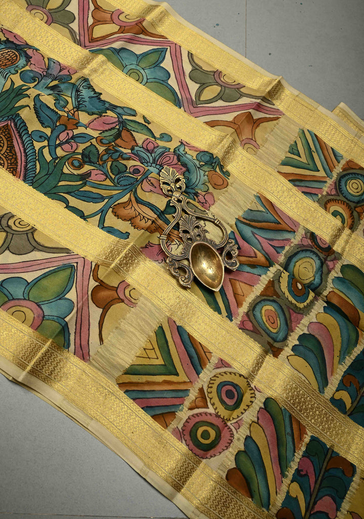 Floral Theme : Authentic Pen Kalamkari Handpainted on Mysore Silk Saree with Rettaipet Zari Border | SILK MARK CERTIFIED | SHOBITAM