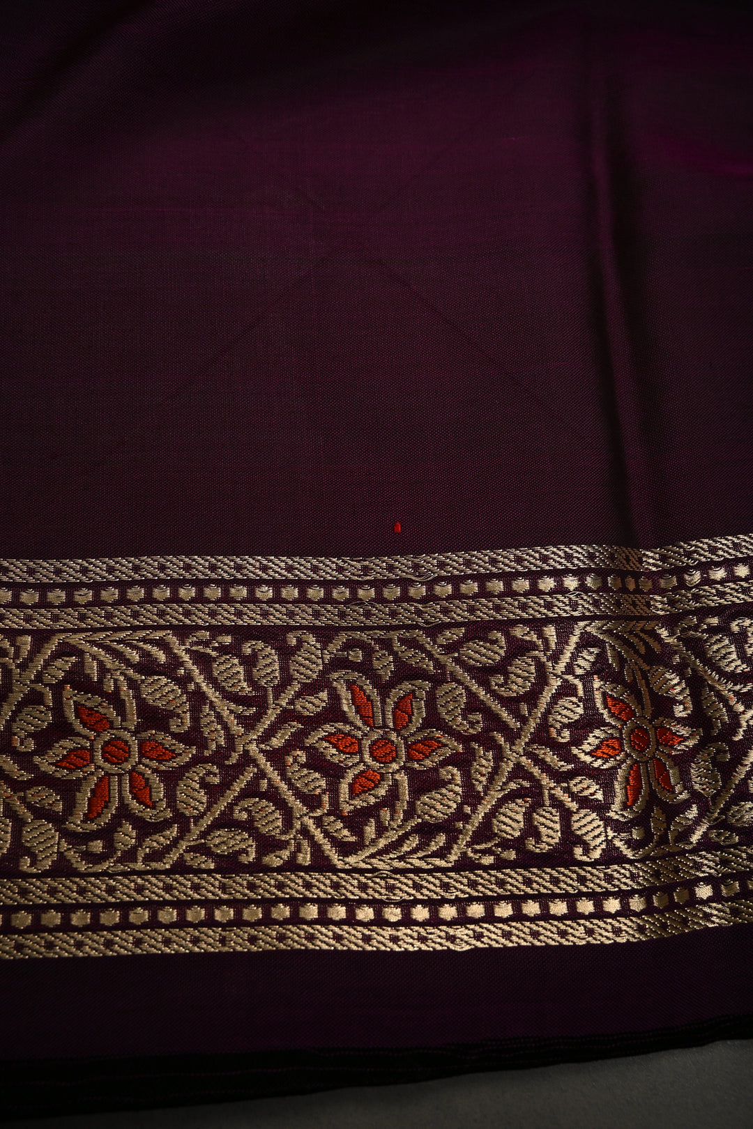 Plum Banarasi Kora Silk Saree with Floral Zari Buttas and Meenakari Zari Border| SILK MARK CERTIFIED | SHOBITAM