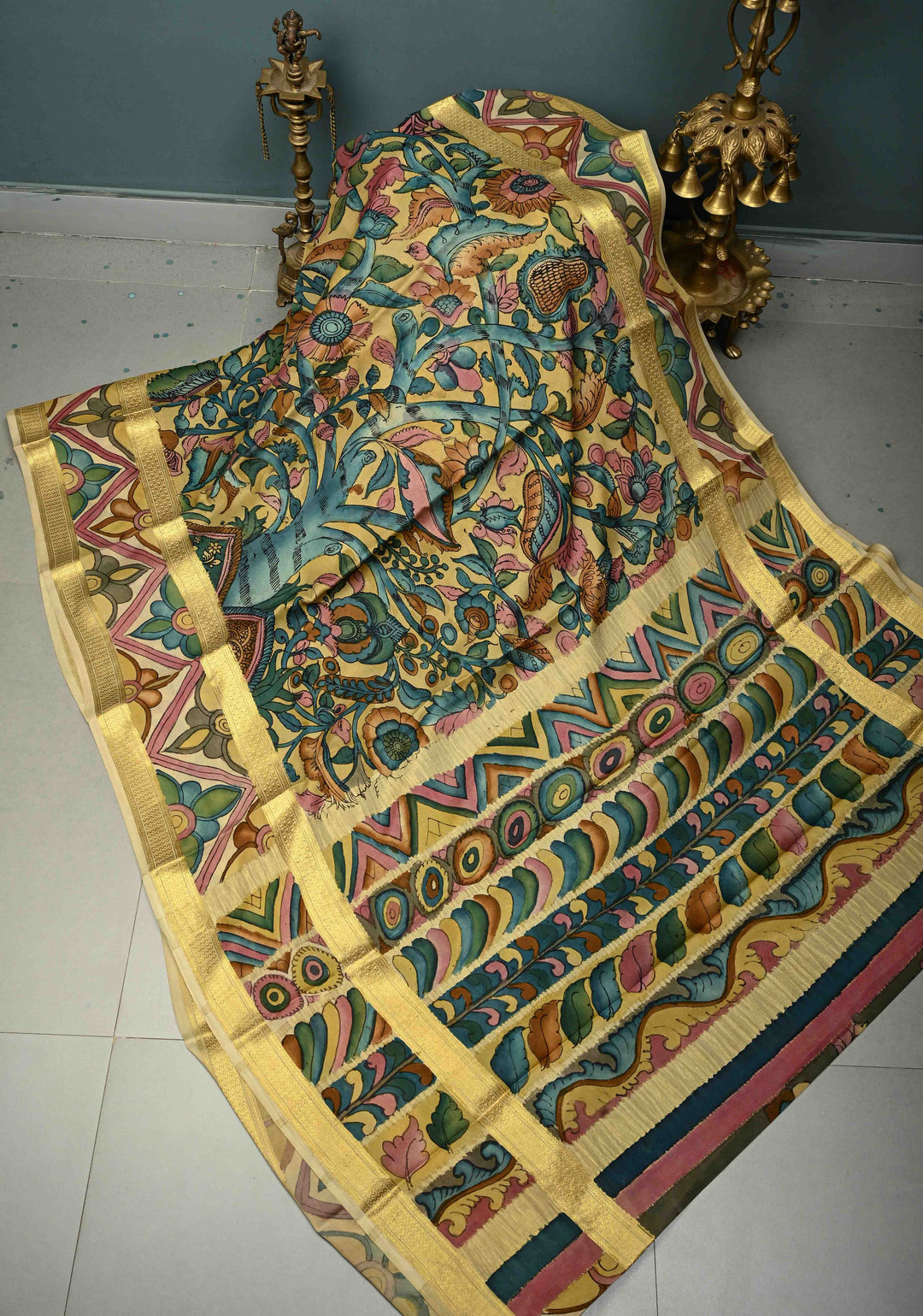 Floral Theme : Authentic Pen Kalamkari Handpainted on Mysore Silk Saree with Rettaipet Zari Border | SILK MARK CERTIFIED | SHOBITAM