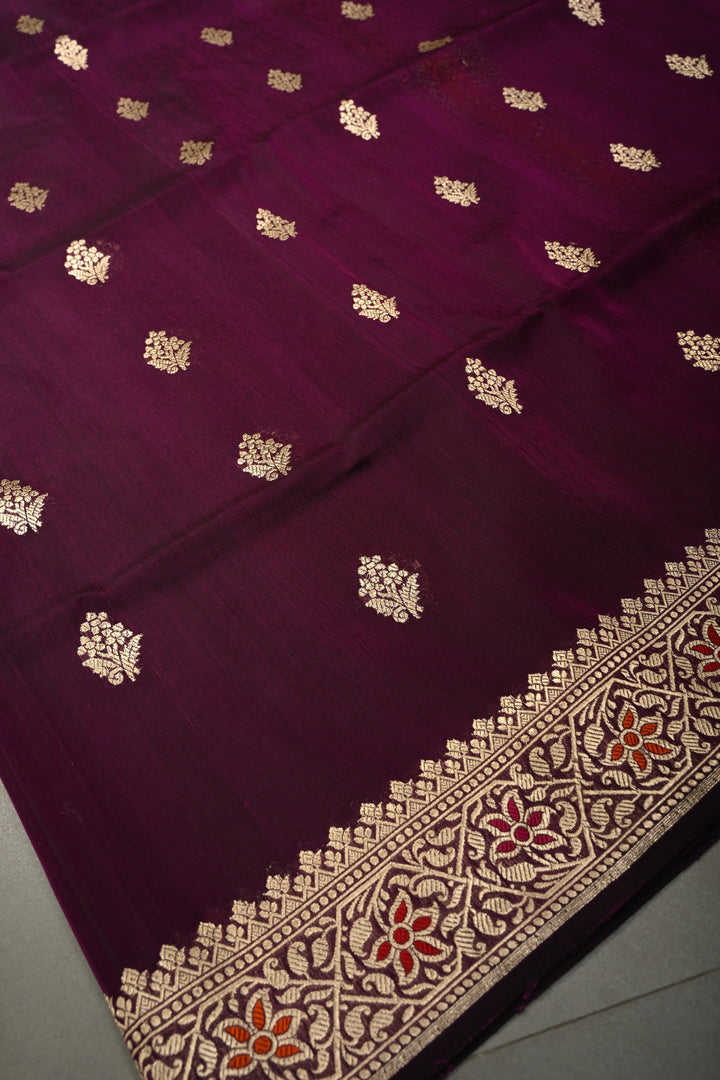 Plum Banarasi Kora Silk Saree with Floral Zari Buttas and Meenakari Zari Border| SILK MARK CERTIFIED | SHOBITAM