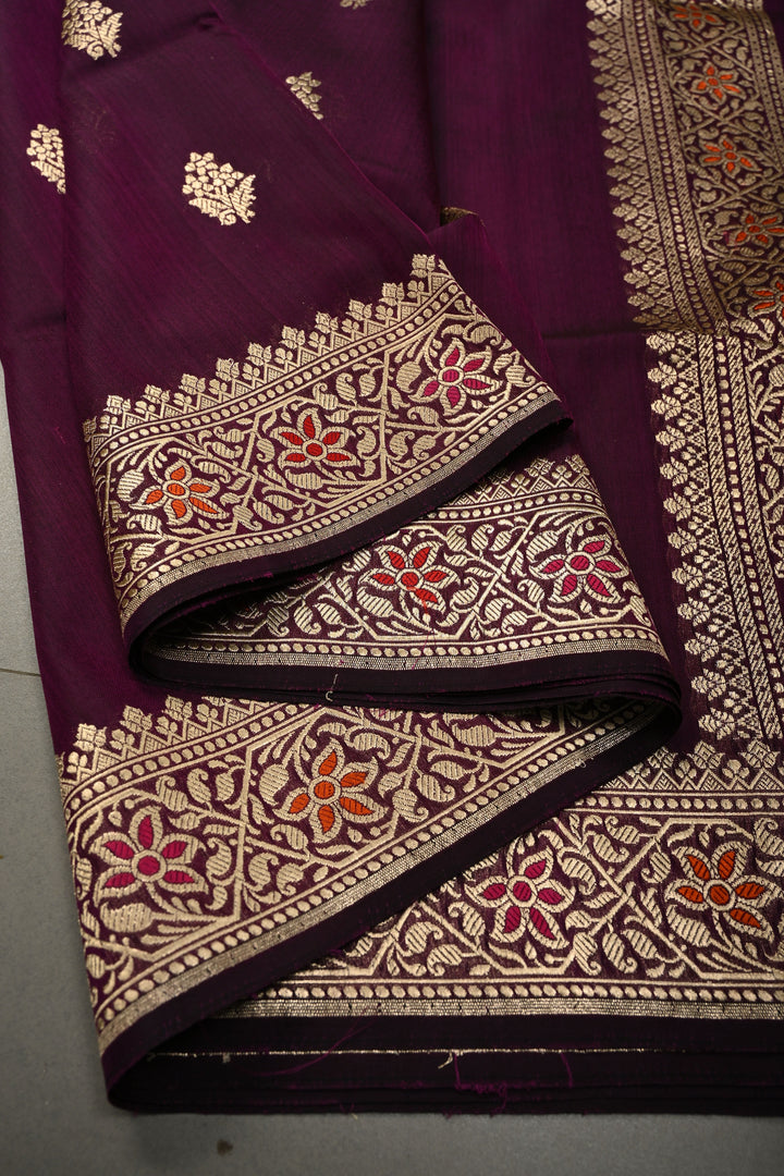 Plum Banarasi Kora Silk Saree with Floral Zari Buttas and Meenakari Zari Border| SILK MARK CERTIFIED | SHOBITAM