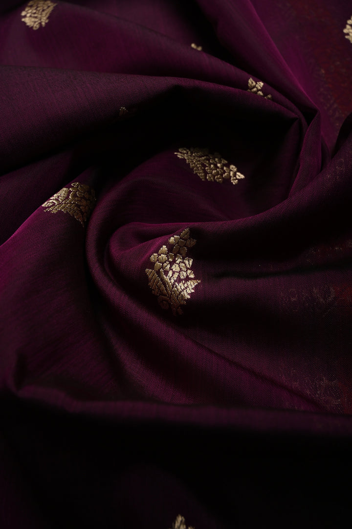Plum Banarasi Kora Silk Saree with Floral Zari Buttas and Meenakari Zari Border| SILK MARK CERTIFIED | SHOBITAM