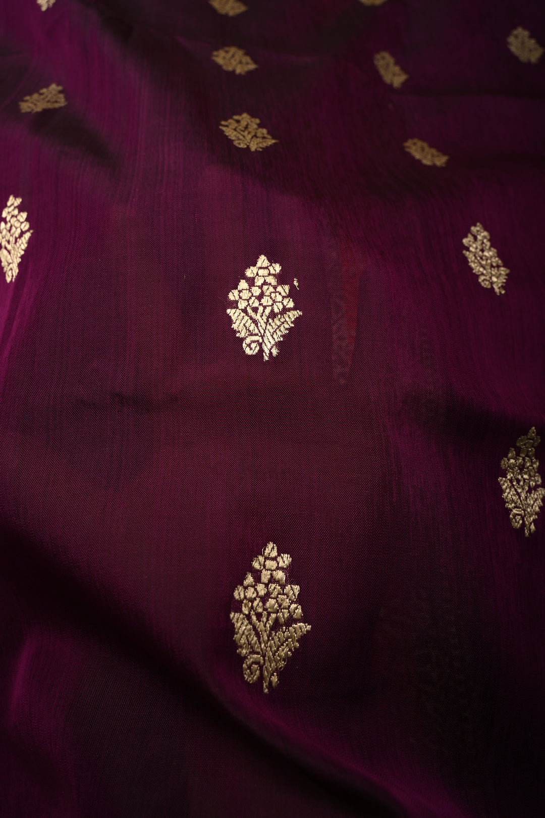 Plum Banarasi Kora Silk Saree with Floral Zari Buttas and Meenakari Zari Border| SILK MARK CERTIFIED | SHOBITAM