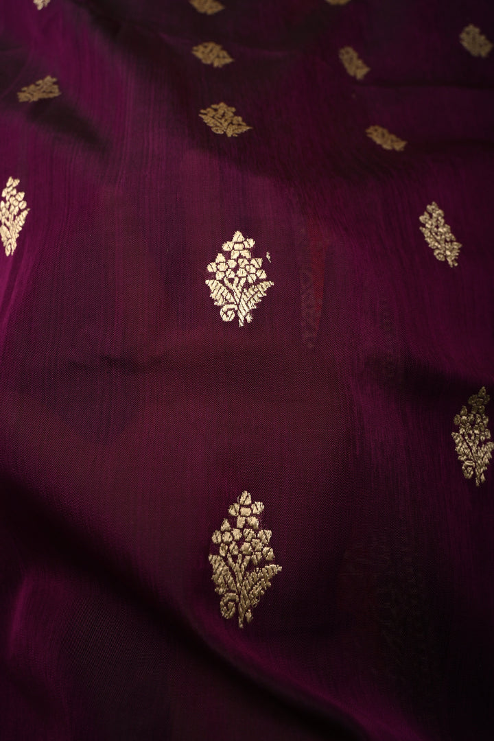 Plum Banarasi Kora Silk Saree with Floral Zari Buttas and Meenakari Zari Border| SILK MARK CERTIFIED | SHOBITAM