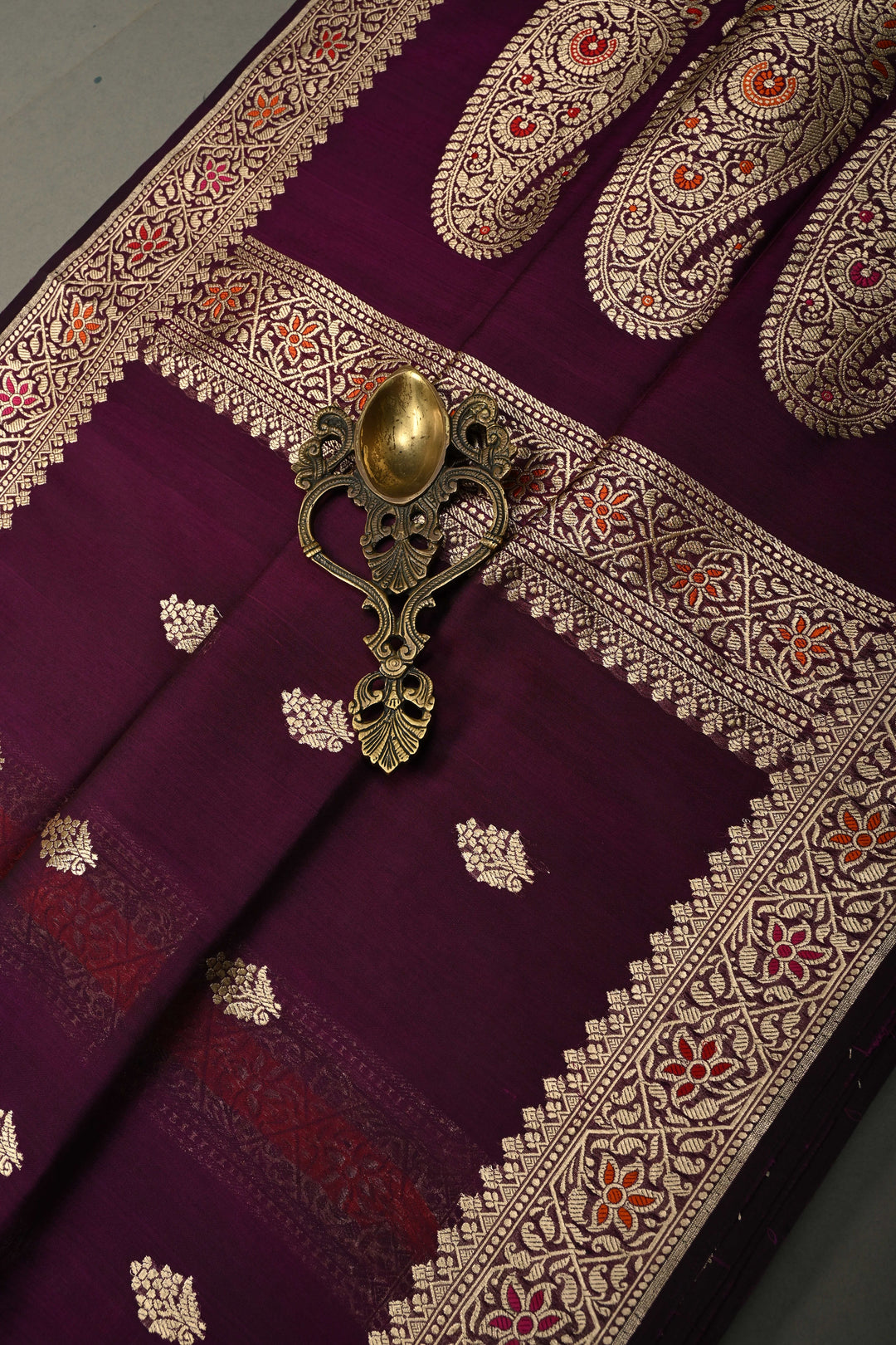 Plum Banarasi Kora Silk Saree with Floral Zari Buttas and Meenakari Zari Border| SILK MARK CERTIFIED | SHOBITAM