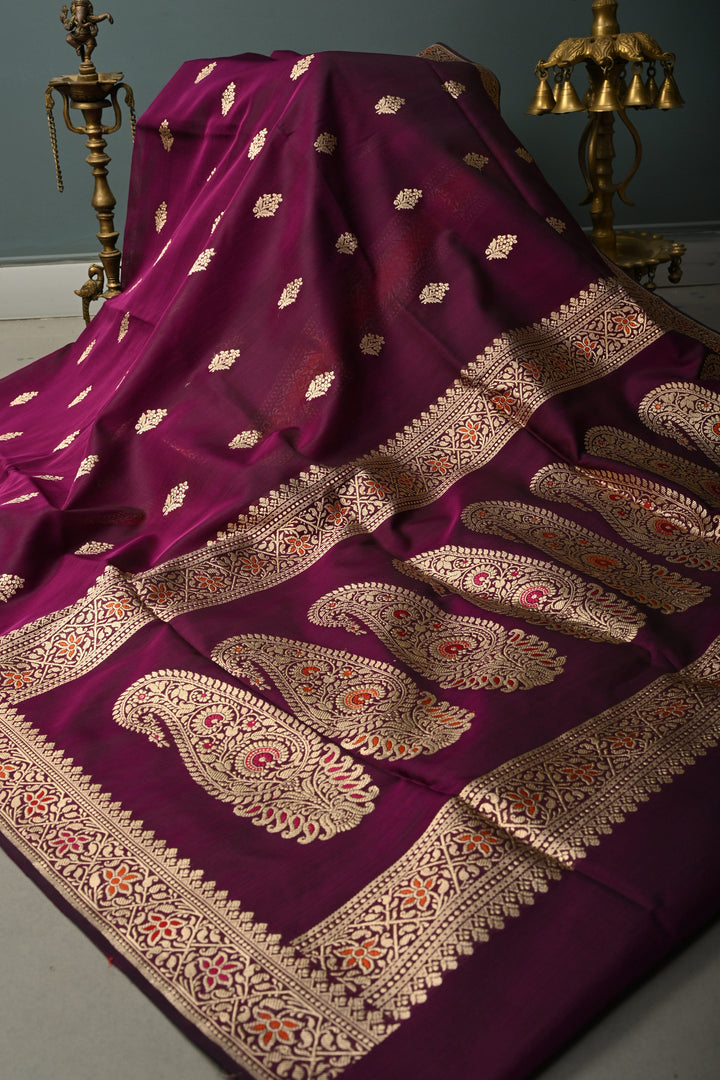 Plum Banarasi Kora Silk Saree with Floral Zari Buttas and Meenakari Zari Border| SILK MARK CERTIFIED | SHOBITAM