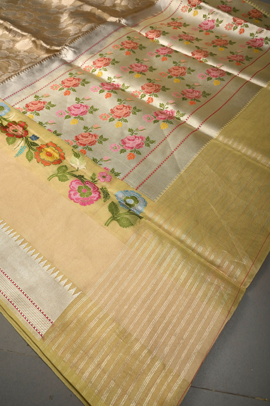Dusty Olive Green Pure Banarasi Kora Tissue Silk Saree with Sona Rupa Brocade Jaal and Meenakari Floral Panel on Zari Border | SILK MARK CERTIFIED | SHOBITAM