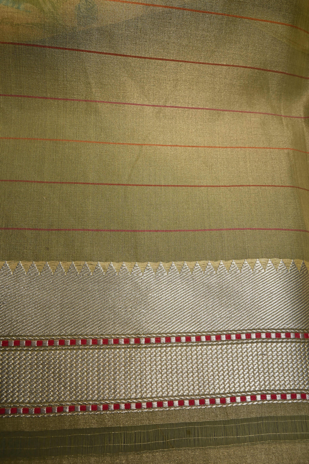 Dusty Olive Green Pure Banarasi Kora Tissue Silk Saree with Sona Rupa Brocade Jaal and Meenakari Floral Panel on Zari Border | SILK MARK CERTIFIED | SHOBITAM