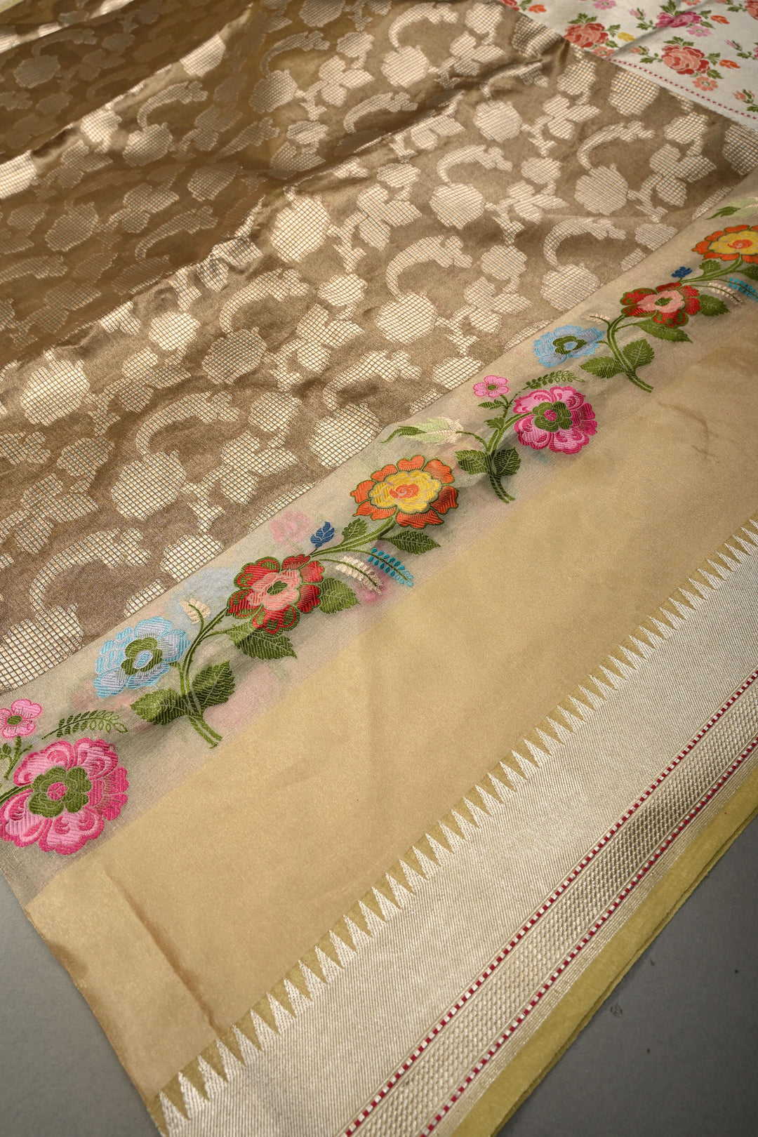 Dusty Olive Green Pure Banarasi Kora Tissue Silk Saree with Sona Rupa Brocade Jaal and Meenakari Floral Panel on Zari Border | SILK MARK CERTIFIED | SHOBITAM