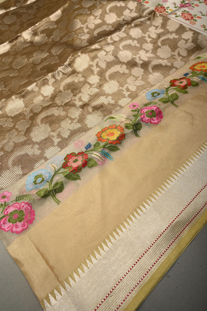 Dusty Olive Green Pure Banarasi Kora Tissue Silk Saree with Sona Rupa Brocade Jaal and Meenakari Floral Panel on Zari Border | SILK MARK CERTIFIED | SHOBITAM
