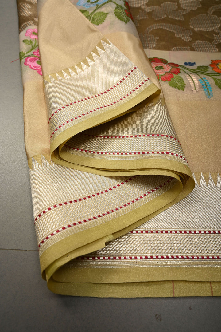 Dusty Olive Green Pure Banarasi Kora Tissue Silk Saree with Sona Rupa Brocade Jaal and Meenakari Floral Panel on Zari Border | SILK MARK CERTIFIED | SHOBITAM