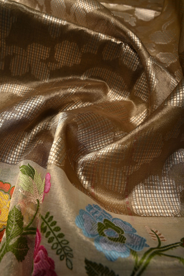 Dusty Olive Green Pure Banarasi Kora Tissue Silk Saree with Sona Rupa Brocade Jaal and Meenakari Floral Panel on Zari Border | SILK MARK CERTIFIED | SHOBITAM