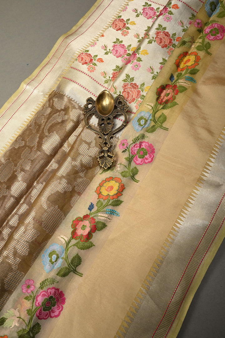 Dusty Olive Green Pure Banarasi Kora Tissue Silk Saree with Sona Rupa Brocade Jaal and Meenakari Floral Panel on Zari Border | SILK MARK CERTIFIED | SHOBITAM