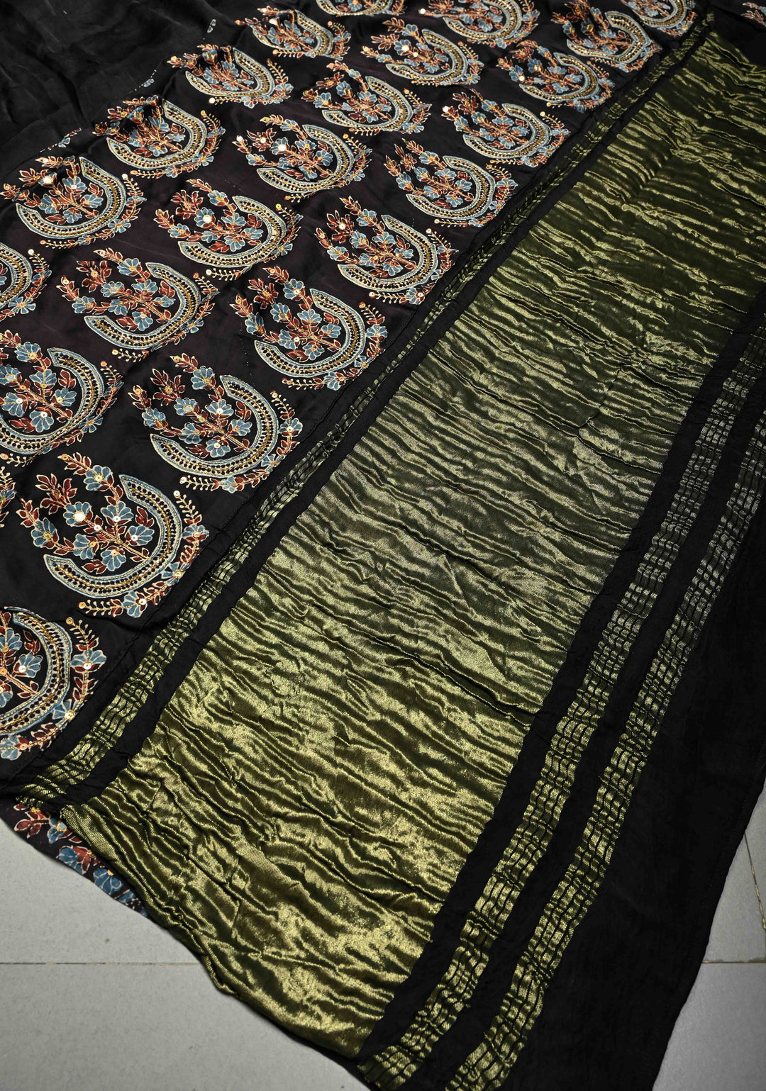 Black-Betel Nut Brown Block Print Half and Half Modal Silk Saree with Cutdana, Sequins, Mirror Hand Work and Lagda Patta Tissue Pallu | SHOBITAM