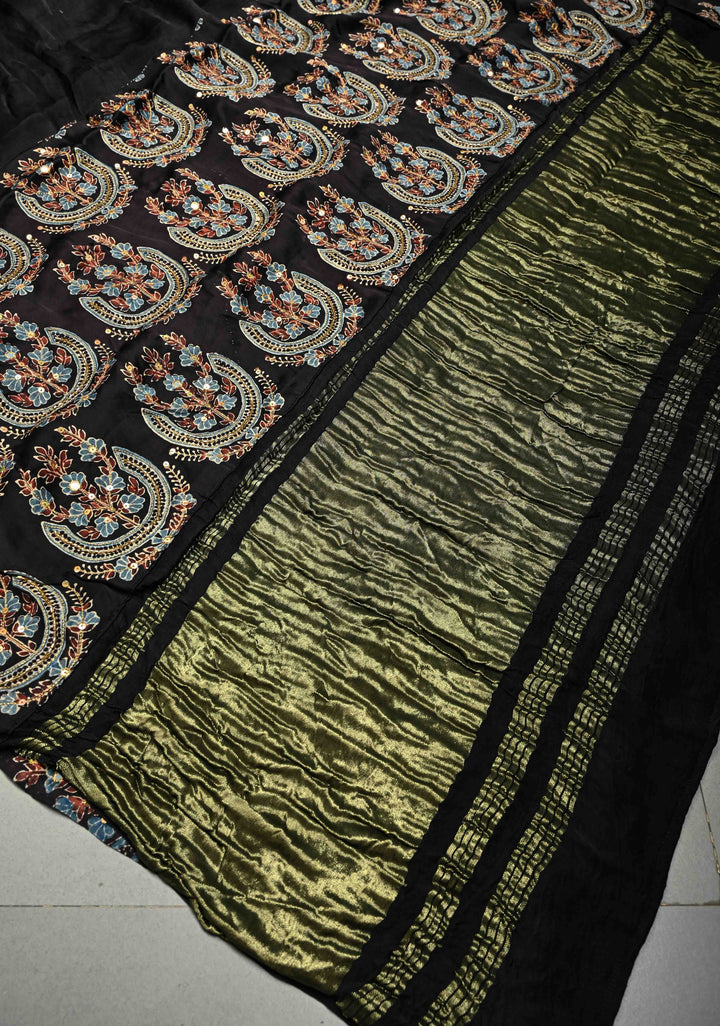 Black-Betel Nut Brown Block Print Half and Half Modal Silk Saree with Cutdana, Sequins, Mirror Hand Work and Lagda Patta Tissue Pallu | SHOBITAM