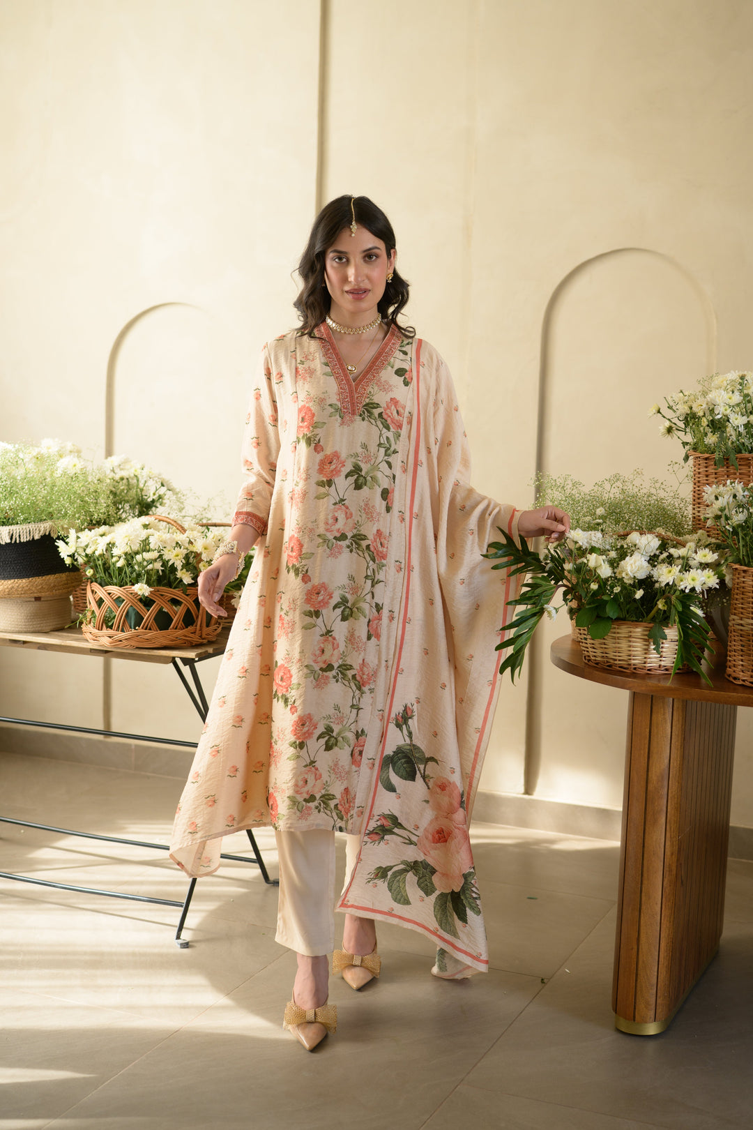 Noorjahan A-Line Wrinkled Mul Chanderi Suit Set- SET OF-3 | SHOBITAM