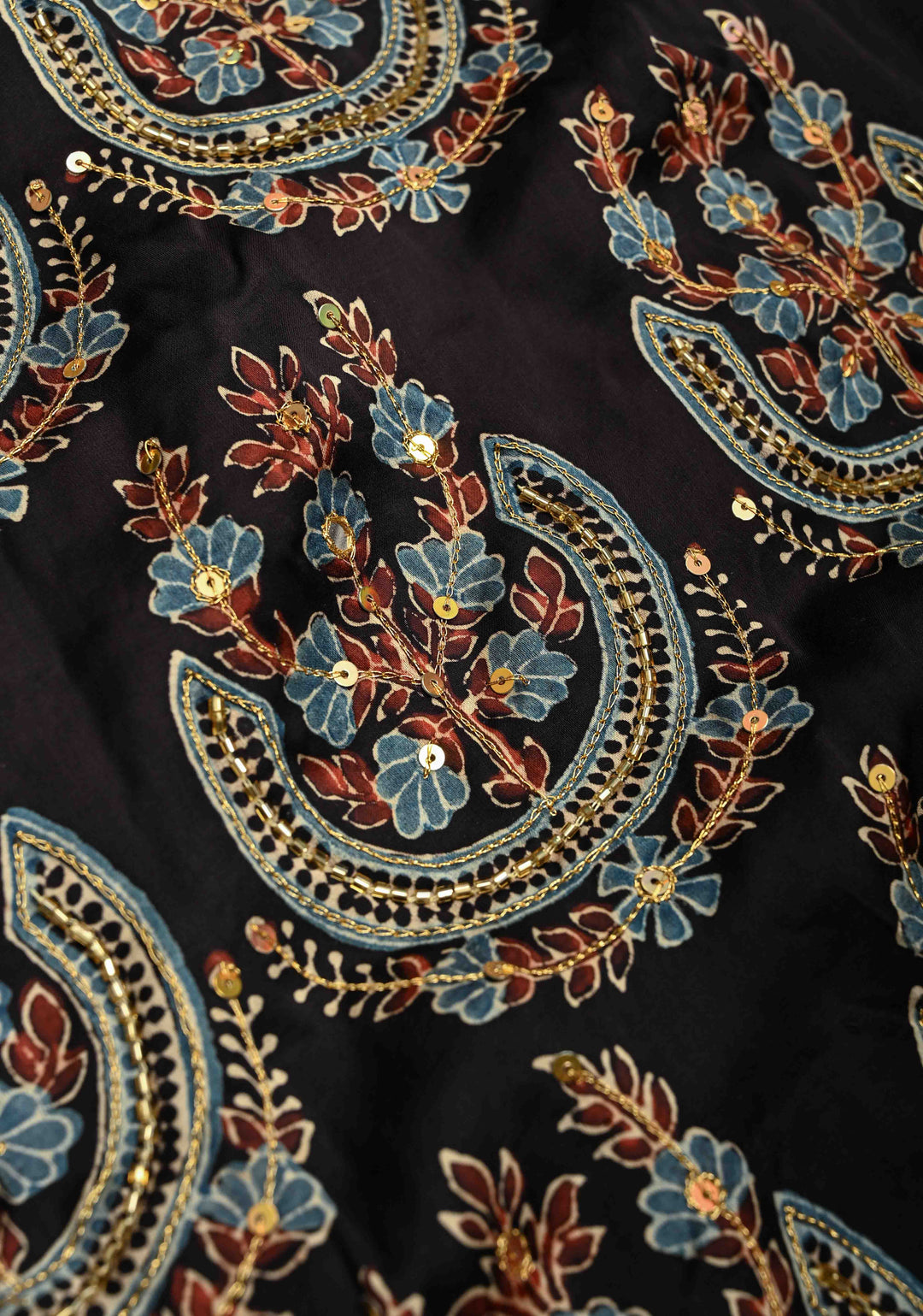 Black-Betel Nut Brown Block Print Half and Half Modal Silk Saree with Cutdana, Sequins, Mirror Hand Work and Lagda Patta Tissue Pallu | SHOBITAM
