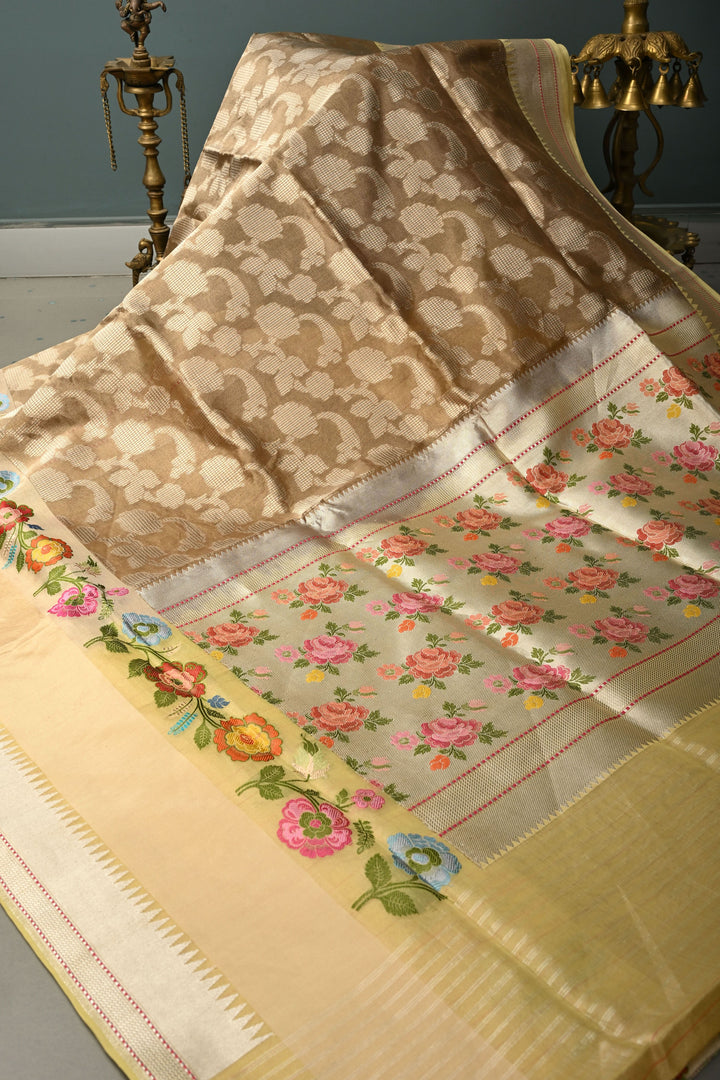 Dusty Olive Green Pure Banarasi Kora Tissue Silk Saree with Sona Rupa Brocade Jaal and Meenakari Floral Panel on Zari Border | SILK MARK CERTIFIED | SHOBITAM