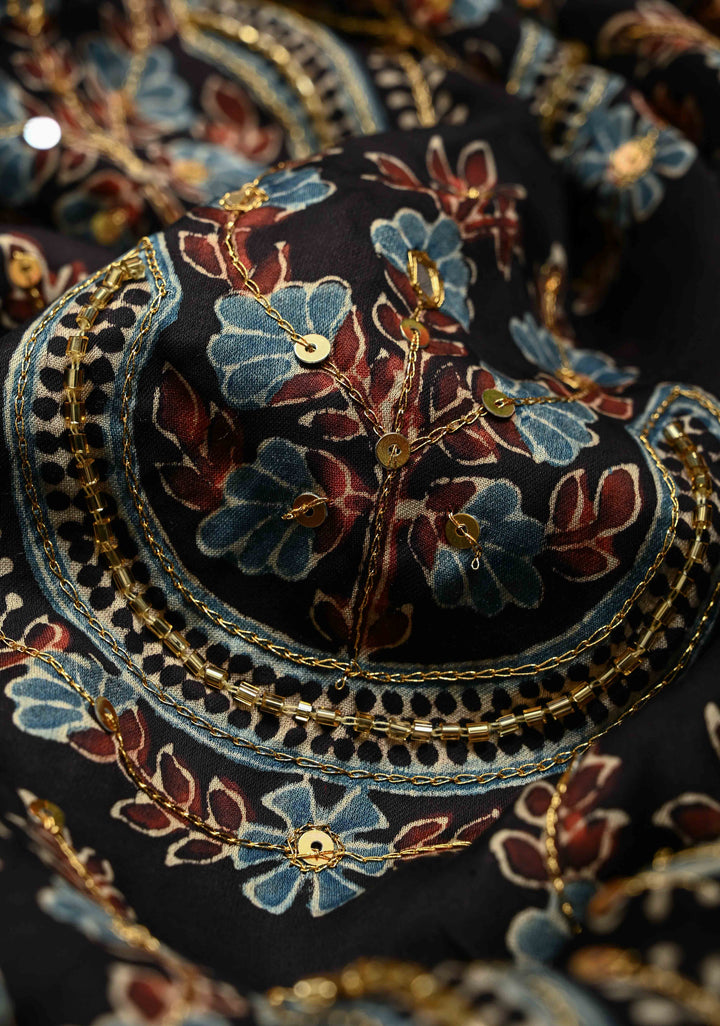Black-Betel Nut Brown Block Print Half and Half Modal Silk Saree with Cutdana, Sequins, Mirror Hand Work and Lagda Patta Tissue Pallu | SHOBITAM