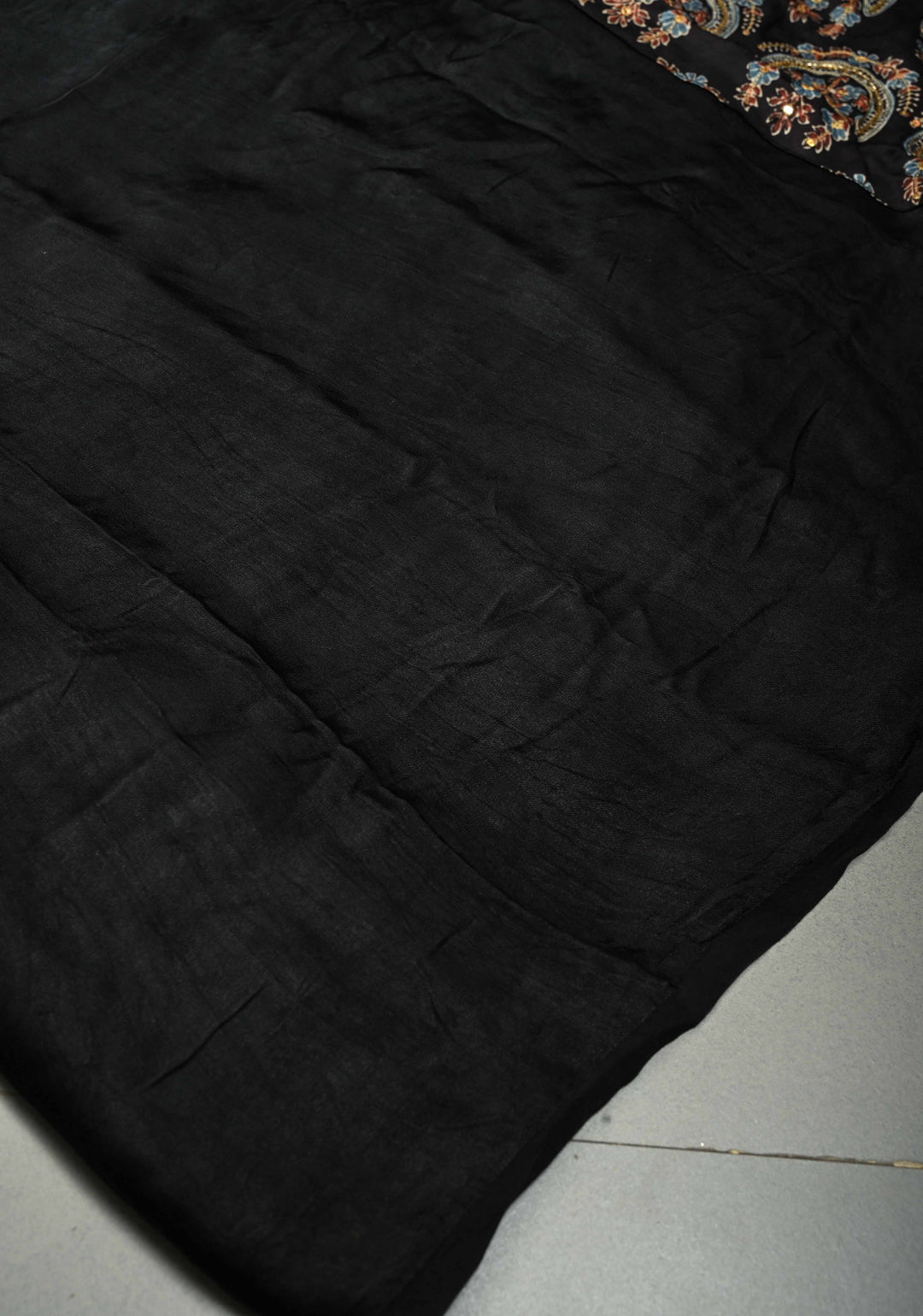Black-Betel Nut Brown Block Print Half and Half Modal Silk Saree with Cutdana, Sequins, Mirror Hand Work and Lagda Patta Tissue Pallu | SHOBITAM