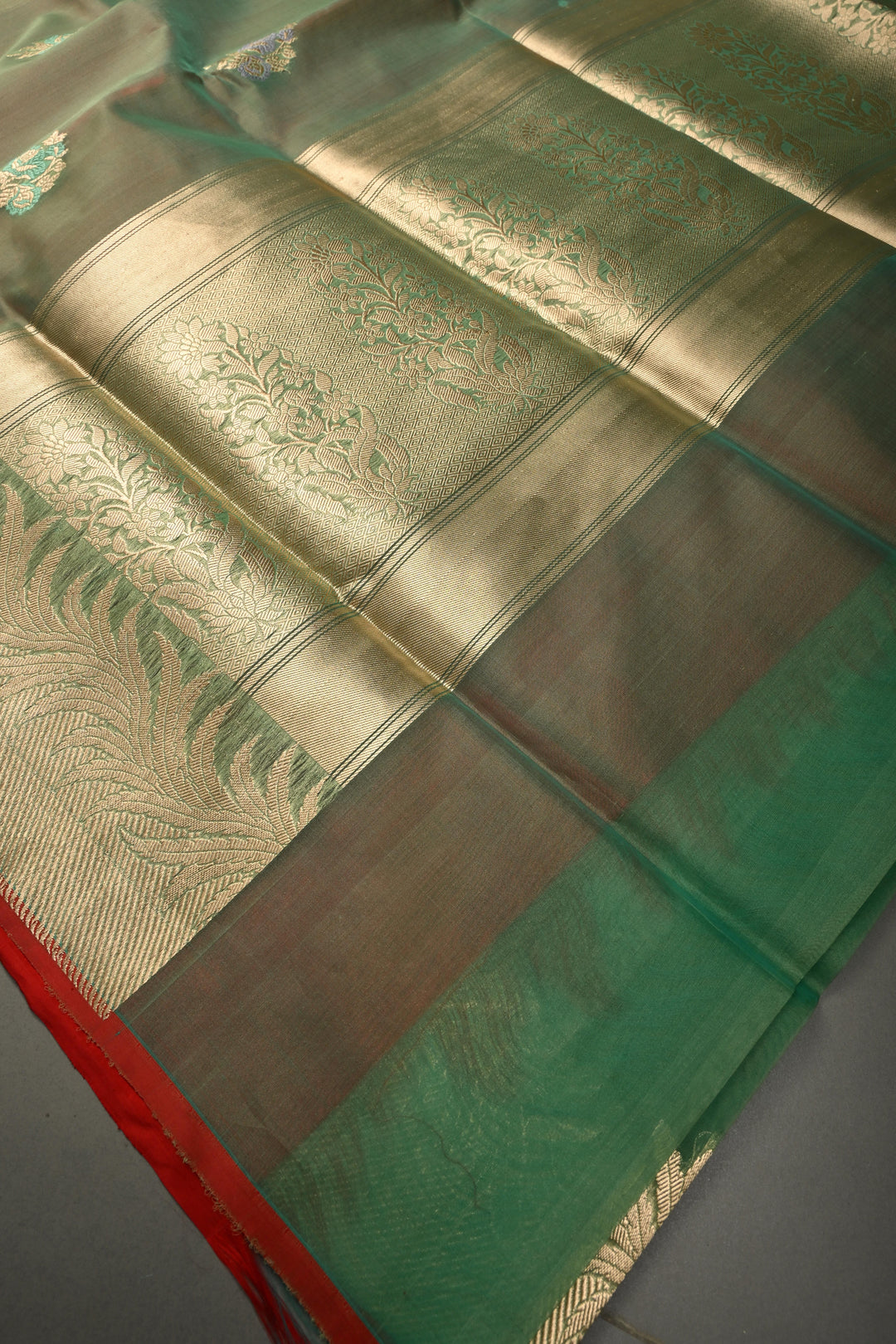 Sea Green Banarasi Kora Silk Saree with Meenakari Floral Zari Buttas and Zari Border| SILK MARK CERTIFIED | SHOBITAM