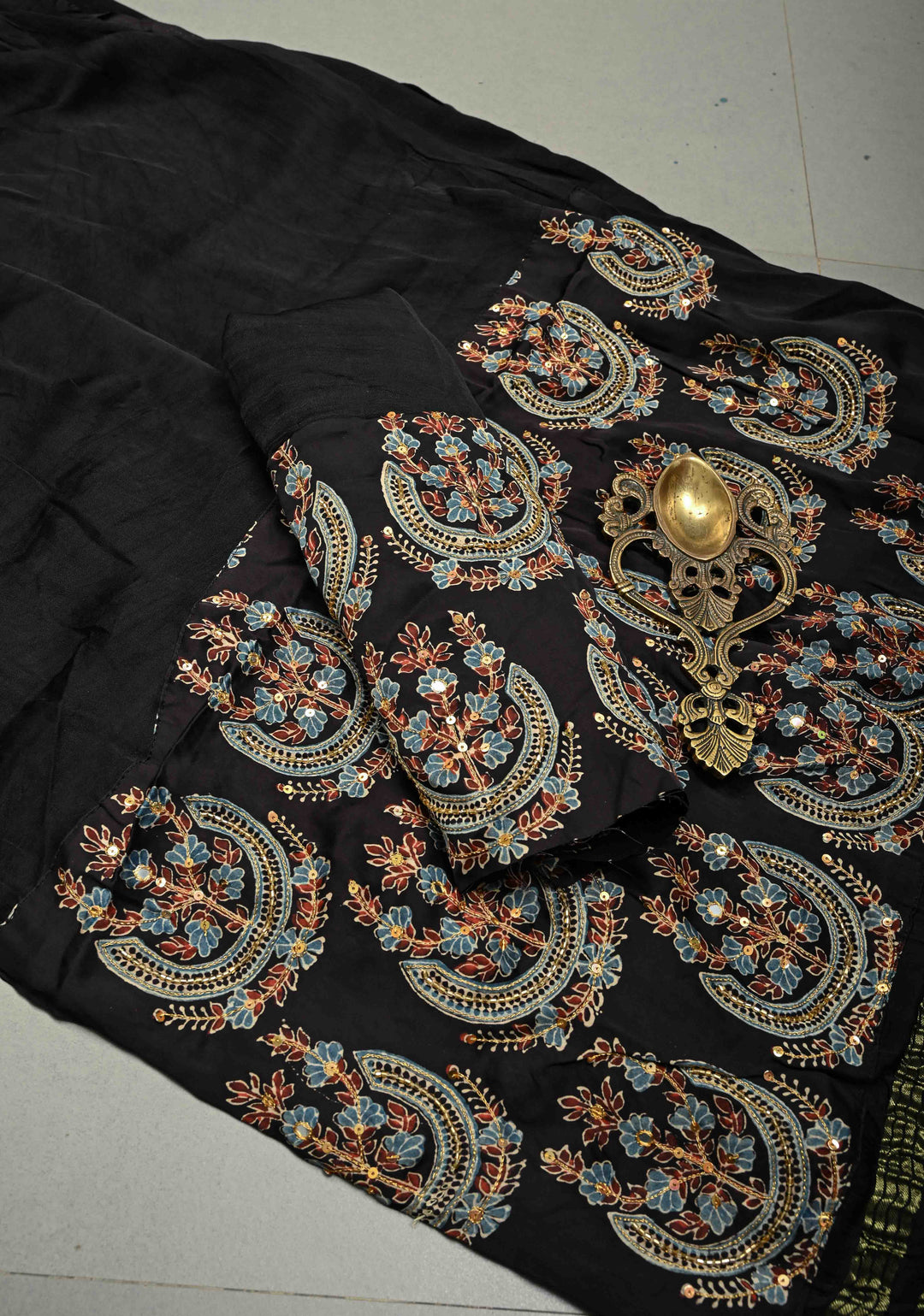 Black-Betel Nut Brown Block Print Half and Half Modal Silk Saree with Cutdana, Sequins, Mirror Hand Work and Lagda Patta Tissue Pallu | SHOBITAM